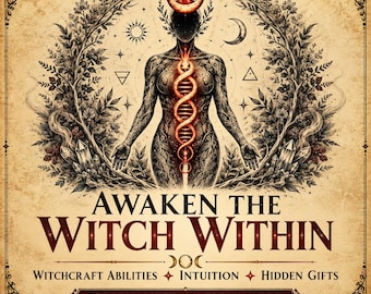 Può includere: Una stampa quadrata con una figura centrale dotata di una colonna vertebrale a forma di serpente arancione brillante e una corona a mezzaluna, circondata da illustrazioni botaniche. Testo: AWAKEN THE WITCH WITHIN, WITCHCRAFT ABILITIES, INTUITION, HIDDEN GIFTS, PERSONALIZED MAGICAL WORK.