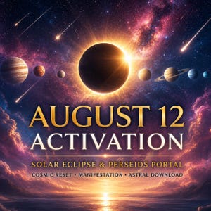 Peut inclure: Un graphique numérique montrant une éclipse solaire centrée au-dessus d'une ligne de planètes sur un ciel nébuleux violet et orange avec des météores. Le texte indique : AUGUST 12 ACTIVATION, SOLAR ECLIPSE & PERSEIDS PORTAL, COSMIC RESET • MANIFESTATION • ASTRAL DOWNLOAD.