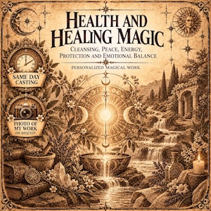 Könnte beinhalten: Eine sepiafarbene Illustration mit dem Titel Health and Healing Magic, die eine zentrale Schale mit fließendem Wasser, ein Sonnen- und Mondmotiv, einen Wasserfall, eine Kerze, Bücher und einen Mörser zeigt. Text: Cleansing, Peace, Energy, Protection and Emotional Balance.