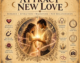 May include: A beige informational poster titled Attract New Love featuring a central illustration of a couple holding a glowing light. The design includes circular icons with text like Attract Romance, Increase Magnetism, and PDF Report.