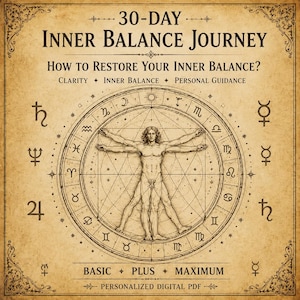 May include: A beige, parchment-style digital document titled 30-Day Inner Balance Journey. It features a central Vitruvian Man illustration inside a circular zodiac chart, surrounded by astrological symbols, with text options for Basic, Plus, and Maximum.