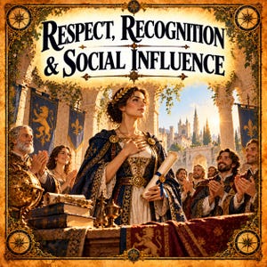 Op de afbeelding: Een digitale illustratie met de tekst "Respect, Recognition & Social Influence" boven een centraal figuur in middeleeuwse kleding die een perkamentrol vasthoudt, omringd door mensen in een stenen hal met blauwe banieren en een kasteel.