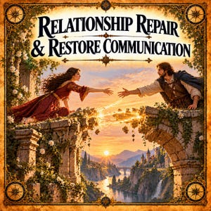 以下が含まれることがあります： 上部に「RELATIONSHIP REPAIR & RESTORE COMMUNICATION」の文字が記されたデジタルイラスト。崩れかけた石橋越しに二人の人物が手を伸ばし、夕暮れの風景の上で黄金色のエネルギーの橋が二人を繋いでいる様子が描かれています。
