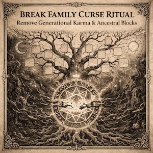 May include: Sepia-toned artwork with the text "Break Family Curse Ritual" and "Remove Generational Karma & Ancestral Blocks." The image depicts a tree, a broken chain, and a central starburst design.