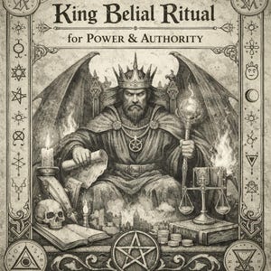 Può includere: Illustrazione di un libro intitolato "King Belial Ritual for Power & Authority". L'immagine presenta una figura alata e incoronata che tiene un bastone e una pergamena. Sono presenti anche simboli, un teschio e uno skyline urbano.