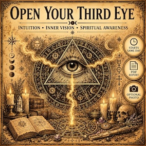 May include: A beige poster titled OPEN YOUR THIRD EYE with the text INTUITION, INNER VISION, SPIRITUAL AWARENESS. It features an all-seeing eye in a triangle, candles, a skull, an open book, and three circular icons on the right side.