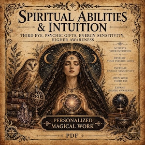 May include: A digital PDF print featuring the text Spiritual Abilities & Intuition, Third Eye, Psychic Gifts, Energy Sensitivity, Higher Awareness, and Personalized Magical Work. The illustration shows a figure with a third eye holding a glowing crystal ball, an owl, books, crystals, and an armillary sphere.