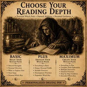 Könnte beinhalten: Eine sepiafarbene Illustration mit dem Titel CHOOSE YOUR READING DEPTH zeigt eine Kapuzenfigur, die in einem Buch liest. Der Text beschreibt drei Service-Stufen: BASIC, PLUS und MAXIMUM mit verschiedenen Optionen. Unten steht: PERSONALIZED DIGITAL PDF.