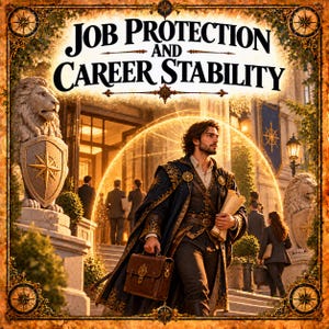 Könnte beinhalten: Eine digitale Illustration mit dem Text "JOB PROTECTION AND CAREER STABILITY" über einer Person in einem dunkelblauen Mantel, die eine braune Lederaktentasche und eine Schriftrolle vor einem Gebäude mit Steinlöwen und einem leuchtenden Bogen trägt.