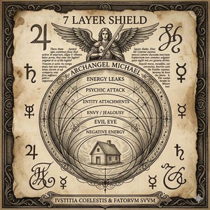 以下が含まれることがあります： 「7 LAYER SHIELD」と「ARCHANGEL MICHAEL」の文字が入ったセピア色のイラスト。剣を持った天使、同心円、家が描かれています。様々なシンボルとラテン語のテキストが中心の画像を囲んでいます。
