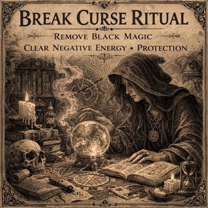 May include: A sepia-toned illustration featuring the text "Break Curse Ritual". It shows a robed figure, crystal ball, books, candles, and a skull, suggesting a mystical theme. The text also includes "Remove Black Magic" and "Clear Negative Energy".