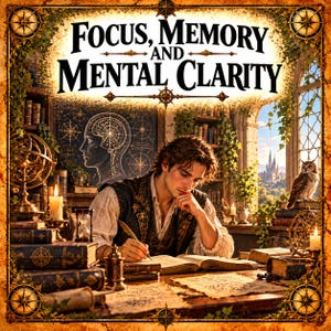 Könnte beinhalten: Eine Person schreibt an einem Schreibtisch in ein Buch, umgeben von einer Sanduhr, Kerzen, einer Armillarsphäre und alten Büchern. Der Text "FOCUS, MEMORY AND MENTAL CLARITY" steht oben, daneben eine Tafel mit einem Gehirndiagramm.