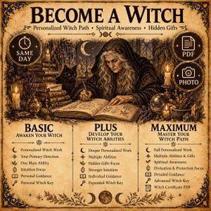 May include: A beige parchment-style poster titled BECOME A WITCH featuring an illustration of a person writing in a book with a black cat. The text outlines three service tiers: BASIC, PLUS, and MAXIMUM, with icons for PDF and PHOTO delivery.