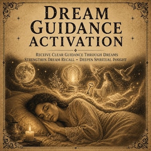 Könnte beinhalten: Ein sepiafarbener Druck mit dem Titel DREAM GUIDANCE ACTIVATION. Er zeigt eine schlafende Person im Bett neben einer brennenden Kerze. Darüber ist eine surreale Szene mit Vollmond, leuchtendem Torbogen, einem Schlüssel, Buch und zwei Eulen.