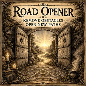 Puede incluir: Una ilustración en tonos sepia que muestra un arco de piedra con puertas de madera abiertas hacia un amanecer. El texto dice ROAD OPENER, REMOVE OBSTACLES, OPEN NEW PATHS. Incluye velas sobre libros y un caldero humeante con un pentagrama.