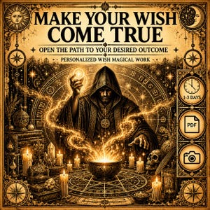 May include: A poster featuring a hooded figure casting a spell over a glowing bowl, with text reading MAKE YOUR WISH COME TRUE, OPEN THE PATH TO YOUR DESIRED OUTCOME, and PERSONALIZED WISH MAGICAL WORK, surrounded by candles, crystals, and a skull.