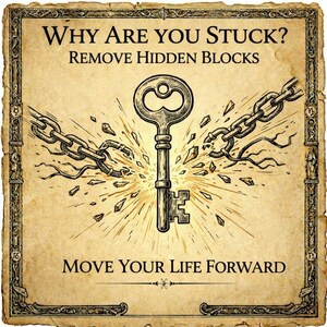 May include: An antique-style illustration with the text "Why Are You Stuck? Remove Hidden Blocks. Move Your Life Forward." A key breaks chains, symbolizing freedom. The artwork is in sepia tones with a decorative border.