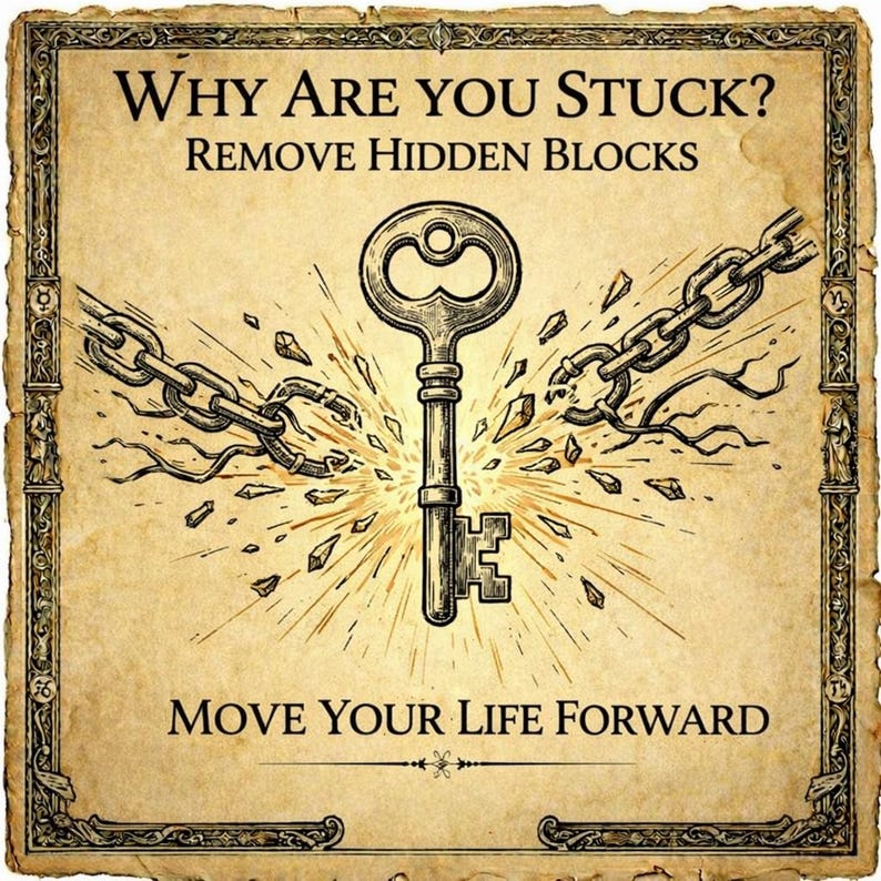 May include: An antique-style illustration with the text "Why Are You Stuck? Remove Hidden Blocks. Move Your Life Forward." A key breaks chains, symbolizing freedom. The artwork is in sepia tones with a decorative border.