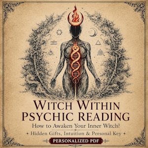 May include: A beige graphic print featuring a central figure with a glowing orange DNA strand and a crescent moon with fire on its head. The text reads: WITCH WITHIN PSYCHIC READING, How to Awaken Your Inner Witch? Hidden Gifts, Intuition & Personal Key, PERSONALIZED PDF.