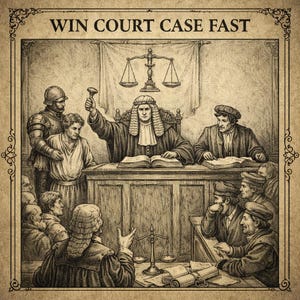 May include: A sepia-toned illustration of a courtroom with a judge in a wig and robes, holding a gavel. The text "WIN COURT CASE FAST" is at the top. Other figures include a bailiff, a defendant, and spectators. A scale of justice is visible in the background.