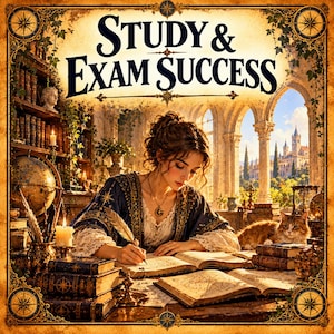 Op de afbeelding: Een digitale illustratie getiteld STUDY & EXAM SUCCESS met een persoon die met een ganzenveer in een boek schrijft. De scène bevat stapels oude boeken, een brandende kaars, een wereldbol en een kat in een bibliotheek met boogvensters en een kasteel.