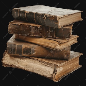 Könnte beinhalten: Ein Stapel von fünf antiken Büchern mit abgenutzten, braunen Ledereinbänden. Die Seiten sind gealtert und vergilbt, mit sichtbaren Abnutzungserscheinungen an den Buchrücken und Kanten. Die Bücher sind vor schwarzem Hintergrund gestapelt.