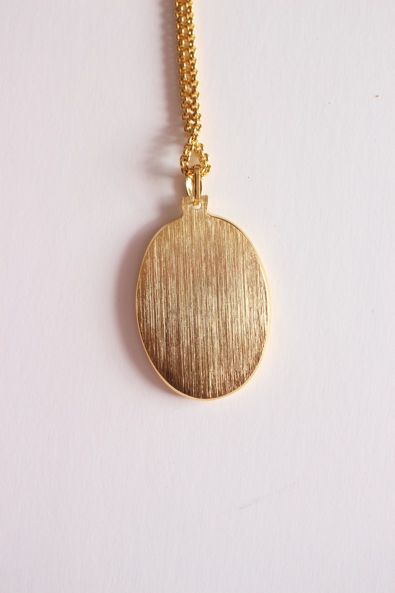 Designer KITSCH 90s Gold Tone Metal Medallion Pendant Long Necklace with Crystal Accents Couture