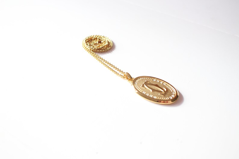 Designer KITSCH 90s Gold Tone Metal Medallion Pendant Long Necklace with Crystal Accents Couture