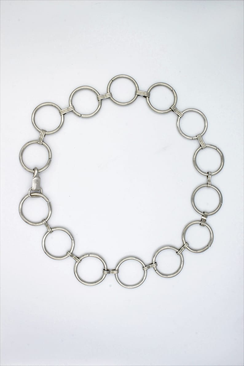 1980s 80s Vintage Retro All Metal Silver Tone Steel O-Ring Belt 32-33 Punk Goth Rocker Biker Chic Bondage