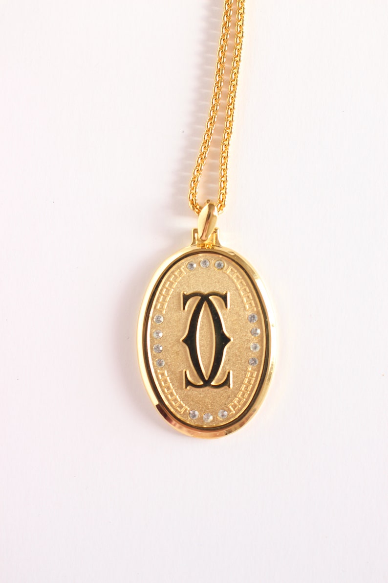 Designer KITSCH 90s Gold Tone Metal Medallion Pendant Long Necklace with Crystal Accents Couture