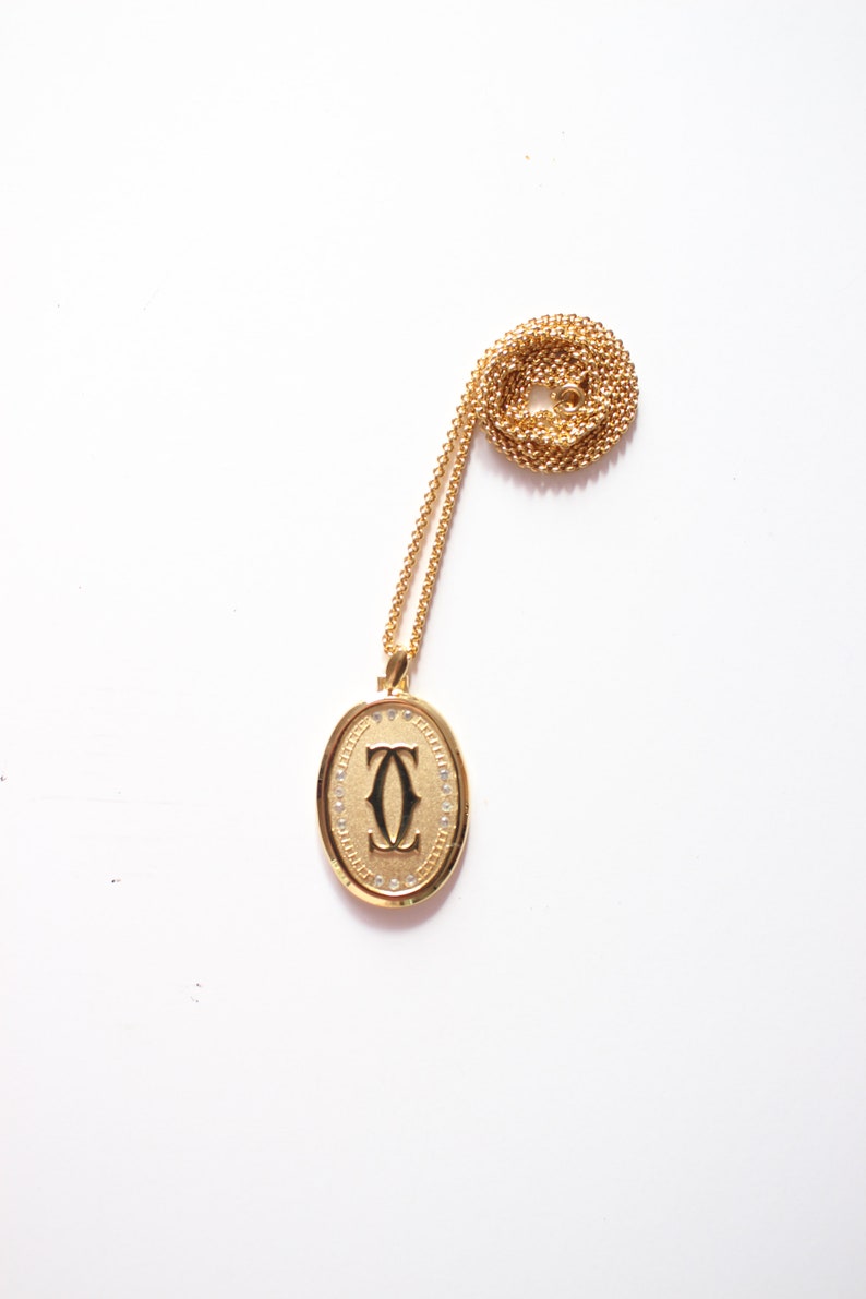 Designer KITSCH 90s Gold Tone Metal Medallion Pendant Long Necklace with Crystal Accents Couture