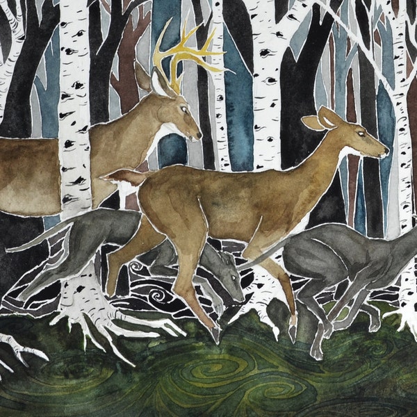 Run - PRINT of original art.  Whitetail deer, greyhounds, birch trees