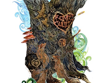 Romeo and Juliet -  art print of watercolor painting. Shakespeare, foxes, tree, graffiti