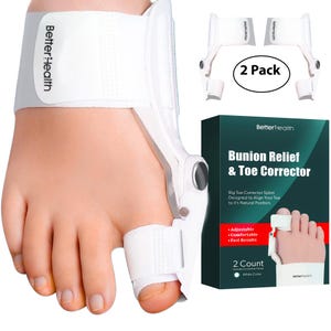May include: A white bunion relief and toe corrector is shown on a foot. The product is designed to align the big toe. The image also shows a box with the product name and features, and a 2-pack of the product.