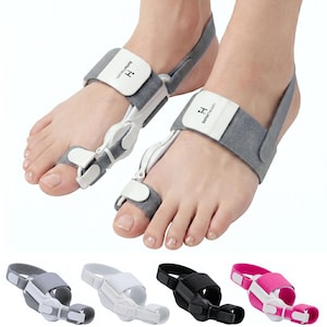 May include: A gray and white bunion corrector with a strap and adjustable toe loop. The product is designed to be worn on the foot. Additional color options include white, black, and pink.