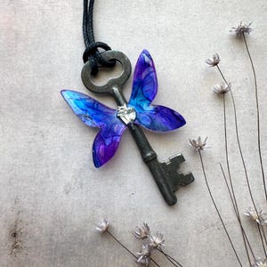 Purple Keyfly Necklace, Fairytale Gift, Upcycled Skeleton Key, LARP Accessory, Unique Handmade Dragonfly Necklace, Bright Summer Jewelry,