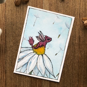 Baby Dragon on Flower - Archival PRINT of an original watercolor painting ACEO ATC