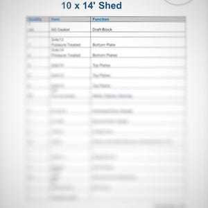 May include: A material list for a 10 x 14' shed. The document has a blue and white header with the text "Material List for 10 x 14' Shed". The list includes items and their functions, with a blurred background.