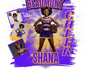 Puede incluir: Gráfico digital de una animadora con uniforme morado y dorado con pompones. Se muestra el texto "BEAUMONT CHEER SHANA". También se incluyen tres imágenes más pequeñas de la animadora.