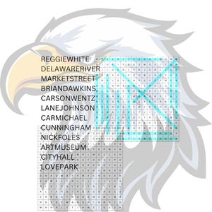 Puede incluir: Un juego de búsqueda de palabras con nombres como Reggie White y Delaware River, sobre un fondo blanco con un gráfico de cabeza de águila. La cuadrícula del rompecabezas está llena de letras en formato rectangular.