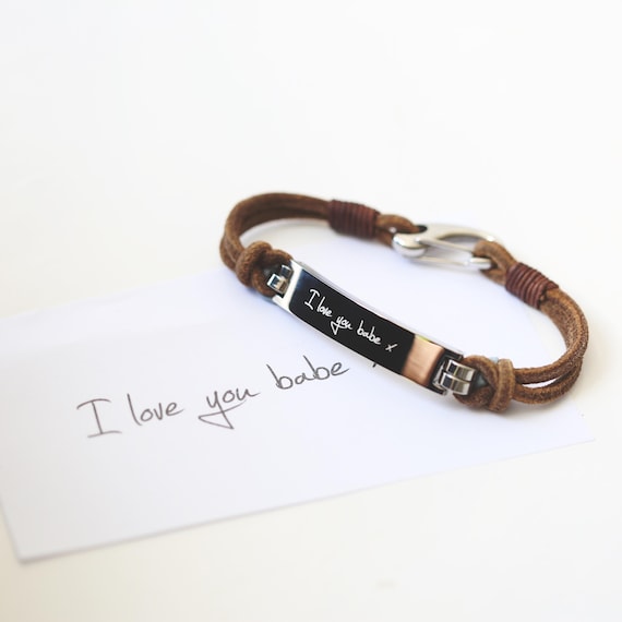 Your actual handwriting (or a loved one's) laser-engraved onto a leather bracelet — turns a scrawled note into a wearable keepsake.