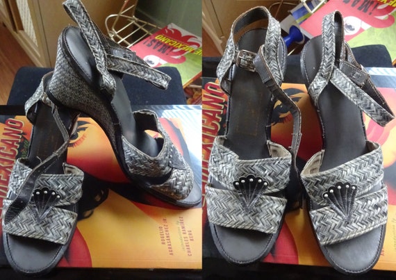 40s 50s Raffia Sea Shell Wedges Grey Heels size 6