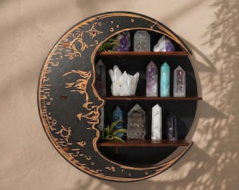 Mensola da parete in legno - Mensola galleggiante con volto di luna mistica, decorazione da parete in stile boho per l'organizzazione della casa.