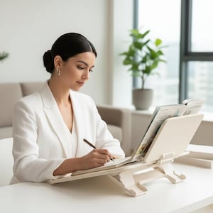 May include: A cream-coloured wooden book stand supports open books on a white desk. A person in a white blazer is writing with a pen. The stand has an adjustable angle and a supportive base, perfect for reading or studying.