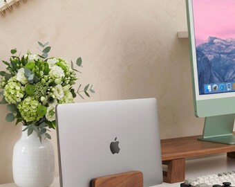 Supporto doppio per laptop realizzato a mano in noce massello - Organizer da scrivania regolabile per dispositivi MacBook