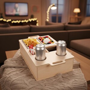 Peut inclure: Un plateau de service en bois clair avec deux porte-boissons, deux compartiments alimentaires et une petite fente pour les condiments. Le plateau contient deux canettes argentées, des frites, des bretzels et une salade de fruits avec de la crème fouettée.