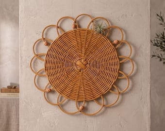 Decorazione murale a forma di girasole in rattan realizzata a mano | Pezzo unico in stile boho-chic e giapponese, intrecciato a mano