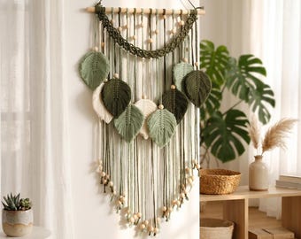 Decorazione murale in macramè verde - Grande foglia di salvia in stile boho