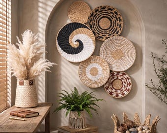 Cesto da parete in erba marina intrecciata a mano | Decorazione murale boho naturale