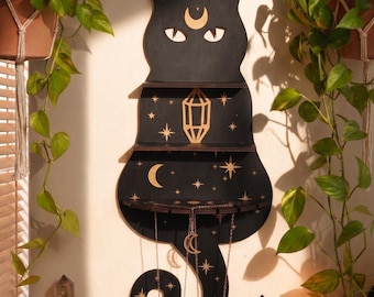Mensola da parete in legno - Decorazione con gatto nero e fasi lunari (chakra)